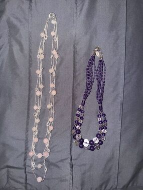 Pink Talbots quartz necklace and Purple beaded Necklace
